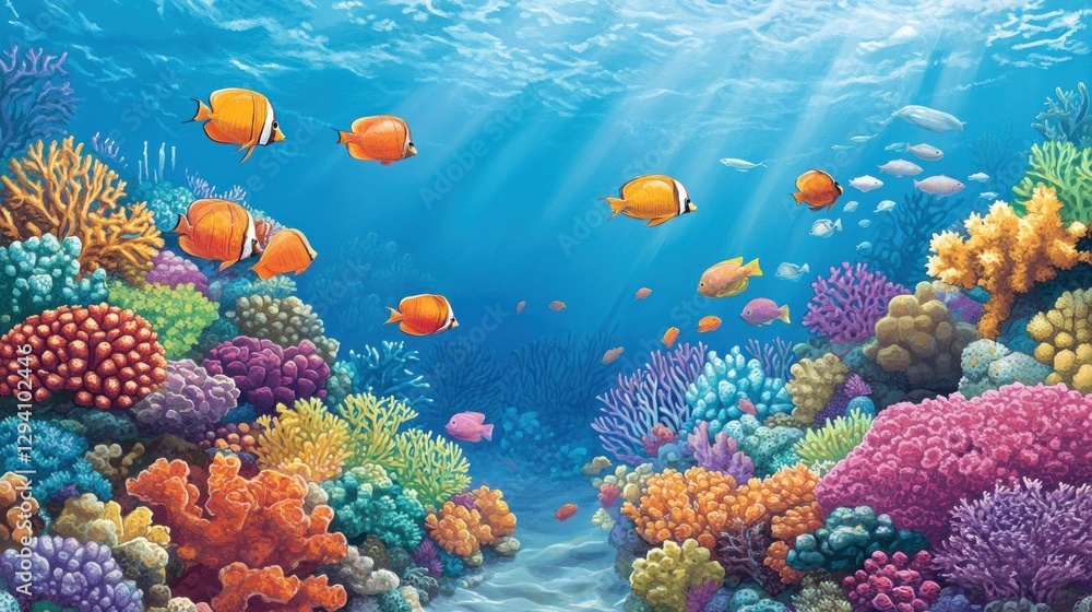 Naklejka premium Vibrant Coral Reef Underwater Paradise: A Colorful Ocean Scene