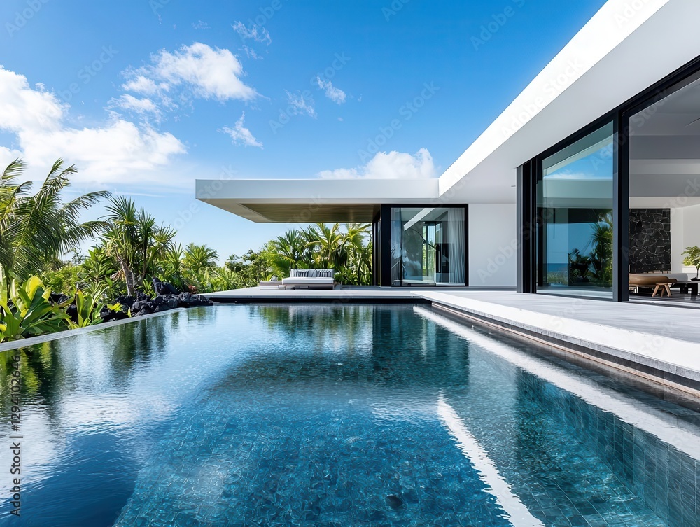 Fototapeta premium Luxury villa with floating pavilion over a koi pond, zeninspired elegance