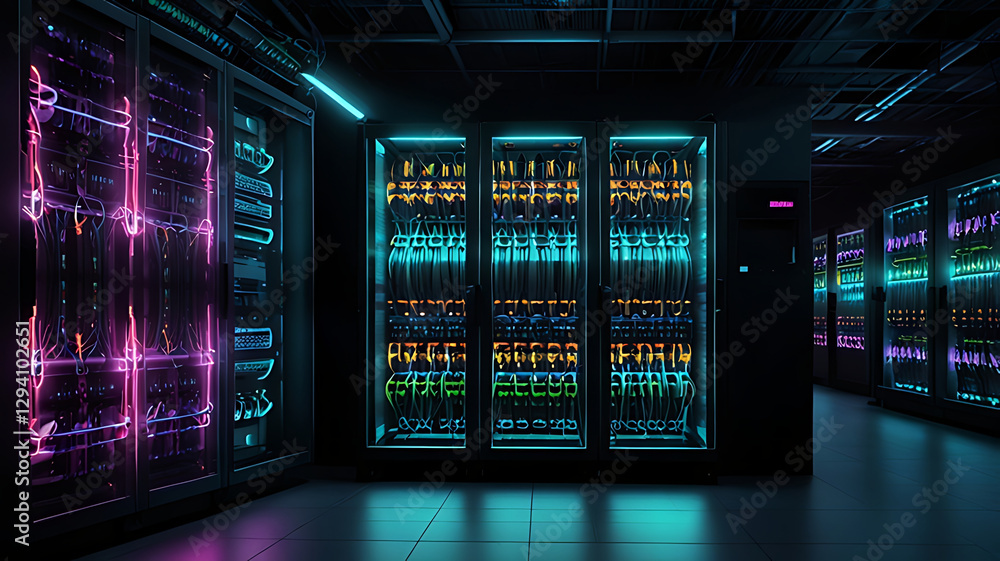 Futuristic Server Room with Glowing Purple and Blue Lights Futuristic Server Room with Glowing Purple and Blue Lights