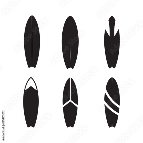 Photography surfboard icons set black silhouette vector flat design illustrations