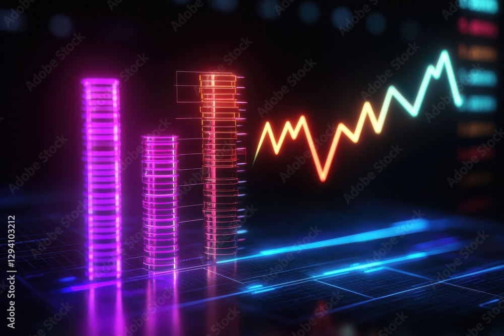A vibrant digital graph displaying fluctuating data trends with colorful bars and lines, representing analytics and statistics in a futuristic style. A vibrant digital graph displaying fluctuating data trends with colorful bars and lines, representing analytics and statistics in a futuristic style.