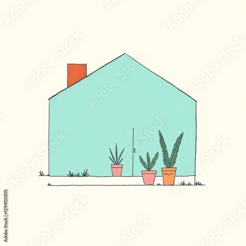 Teal House With Plants Minimalist