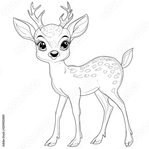 Lovely Fawn Illustration: A charming and detailed illustration of a young fawn with its endearing spots, elegant antlers, and innocent gaze, perfect for coloring or design. 