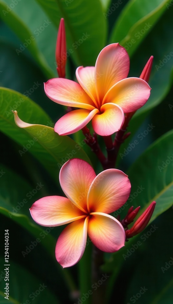 Naklejka premium Close-up of vibrant frangipani blossoms and lush green leaves , plumeria, texture, beauty
