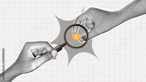 halftone collage, Financial transparency and investment analysis concept with a magnifying glass focusing on money. finance, auditing, business strategy, fraud detection, and financial security