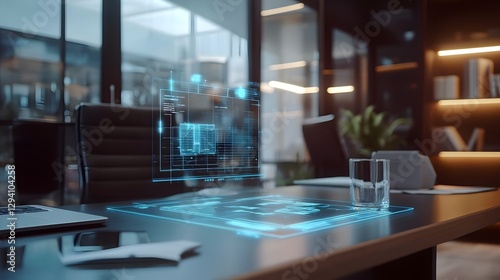 Wallpaper Mural A futuristic office desk featuring a holographic interface displaying data, analytics, digital information and transformation. representing futuristic technology, holographic computing, smart offices Torontodigital.ca