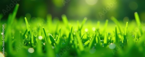 Close-up water droplets on blades of grass from sprinkler, summer, texture, dew