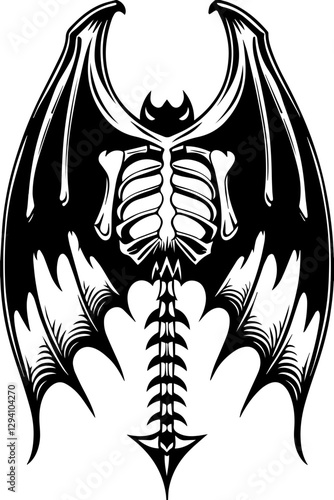 Dark fantasy vector features a Grim Reaper skeleton in SVG format.Dark Gothic Skeleton Bat Illustration with Wings and Spine Details