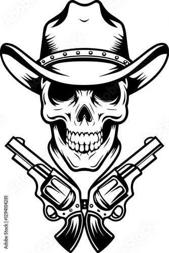 Dark fantasy vector features a Grim Reaper skeleton in SVG format.Skull with Cowboy Hat and Revolvers in Black and White Style