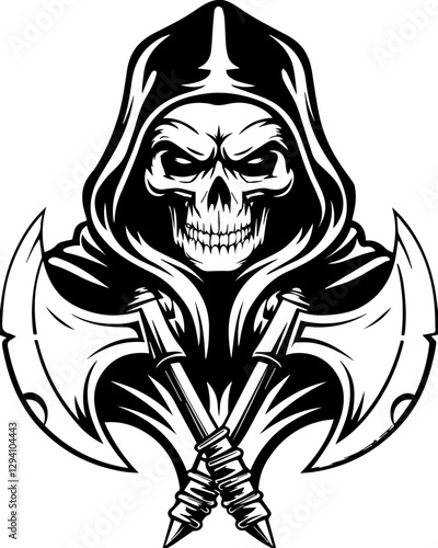 Dark fantasy vector features a Grim Reaper skeleton in SVG format. Menacing Grim Reaper Illustration with Dual Axes in Black and White