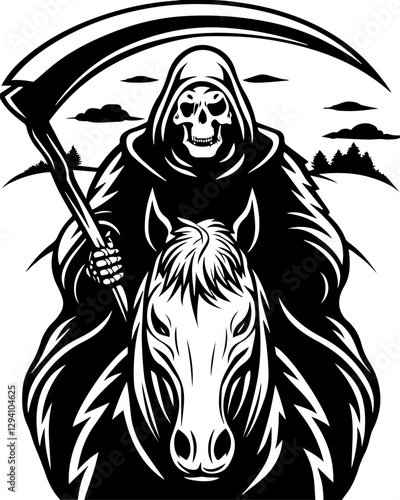 Dark fantasy vector features a Grim Reaper skeleton in SVG format. Grim Reaper Riding Horse Illustrated Black and White Artwork