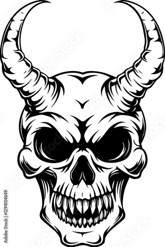 Dark fantasy vector features a Grim Reaper skeleton in SVG format. Detailed Black and White Illustration of a Horned Skull Design