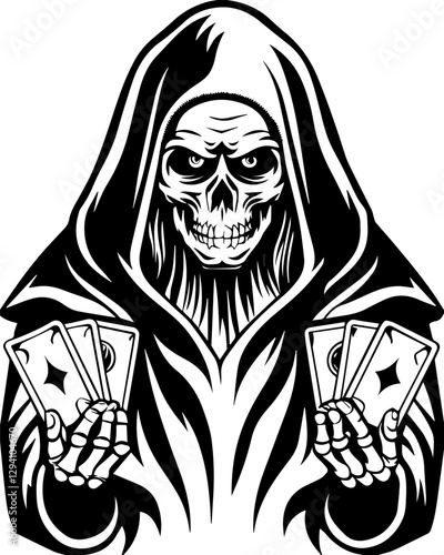 Dark fantasy vector features a Grim Reaper skeleton in SVG format. Grim Reaper Figure Holding Playing Cards in Black and White Design