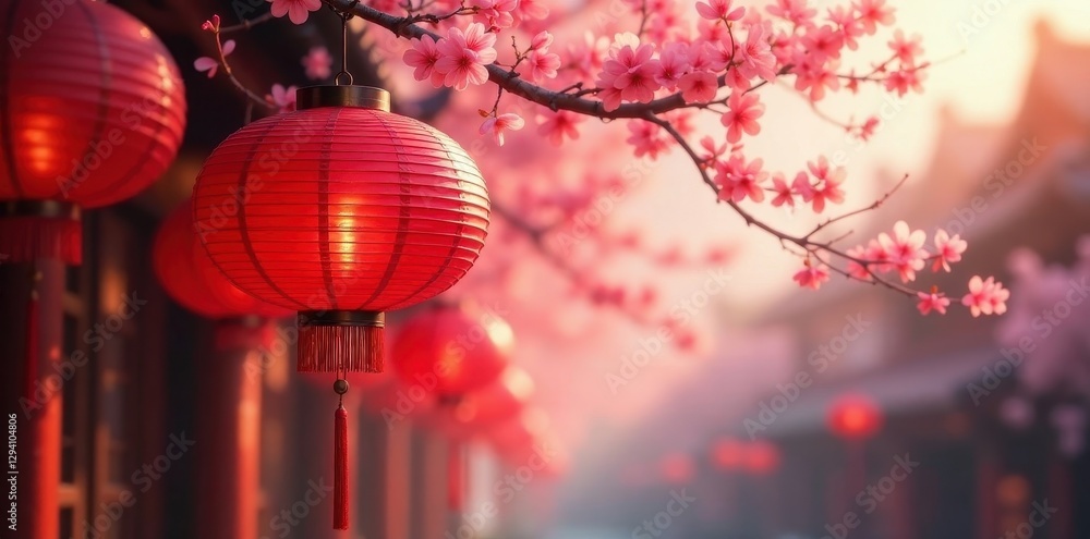Obraz premium Crimson lanterns hang amidst vibrant cherry blossoms, soft light filtering through silk , beauty, close-up, design
