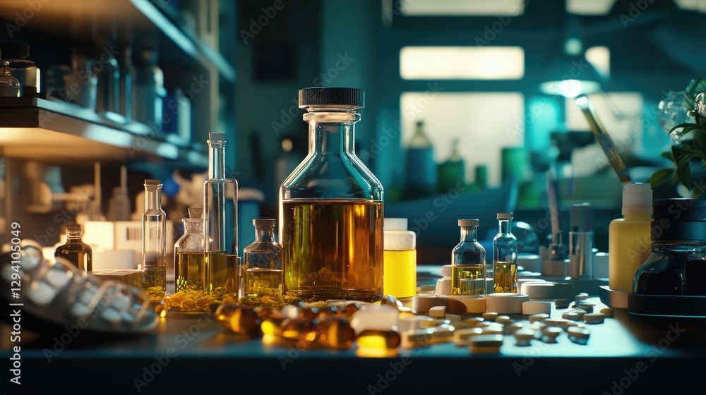 Close-up of various pills and bottles on a table in a laboratory, with bright lighting. Close-up of various pills and bottles on a table in a laboratory, with bright lighting.