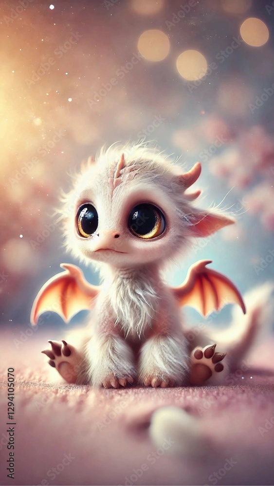 Ein süßer, flauschiger Babydrache mit großen, glänzenden Augen und kleinen Flügeln sitzt auf weichem Stoff im sanften Licht. Magische Atmosphäre mit warmen Farbtönen und verträumtem Hintergrund. Ein süßer, flauschiger Babydrache mit großen, glänzenden Augen und kleinen Flügeln sitzt auf weichem Stoff im sanften Licht. Magische Atmosphäre mit warmen Farbtönen und verträumtem Hintergrund.