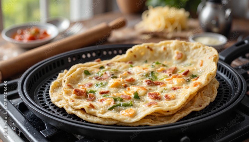 Chapati being flipped on hot skillet in warm kitchen, culinary delight Chapati being flipped on hot skillet in warm kitchen, culinary delight