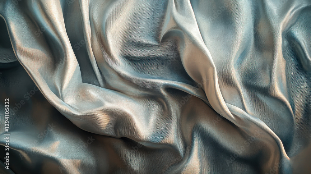 Fototapeta premium Soft, flowing fabric with delicate folds and smooth texture in shades of blue and silver, creating elegant and luxurious appearance