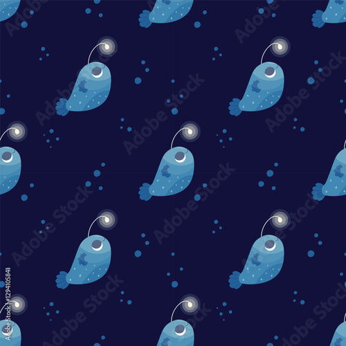 Seamless pattern with anglerfish and bubbles in cartoon style