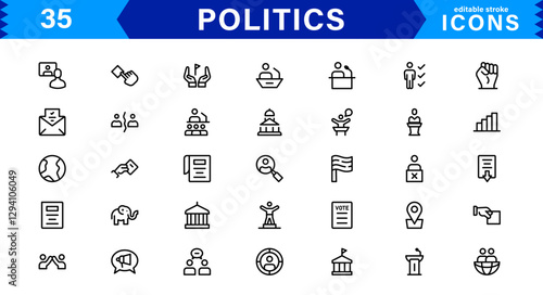 Minimalist Politics Icon Pack. Flat, Line, and Outline Icons for Elections, Governance, and Public Policy