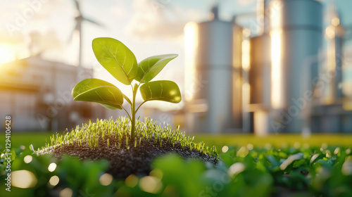 Wallpaper Mural vibrant green plant grows on mound of soil, symbolizing sustainability and growth, with industrial structures and wind turbines in background Torontodigital.ca