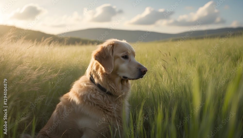 A calm dog gazes thoughtfully across a sunlit field, surrounded A calm dog gazes thoughtfully across a sunlit field, surrounded