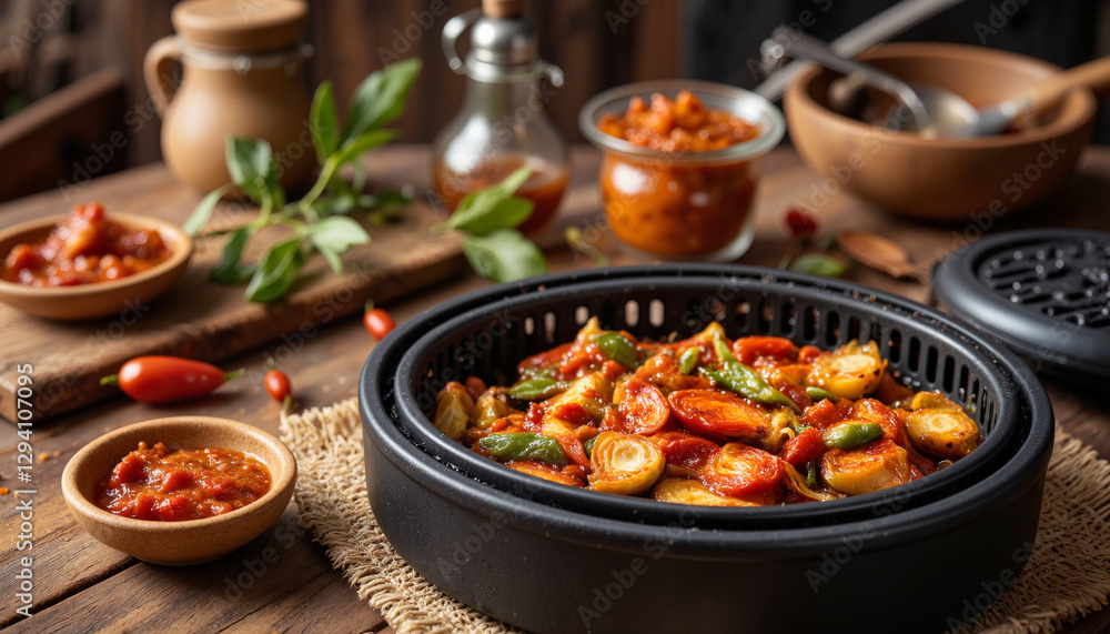 Fototapeta premium Harissa dish with vibrant peppers in rustic kitchen, culinary delight