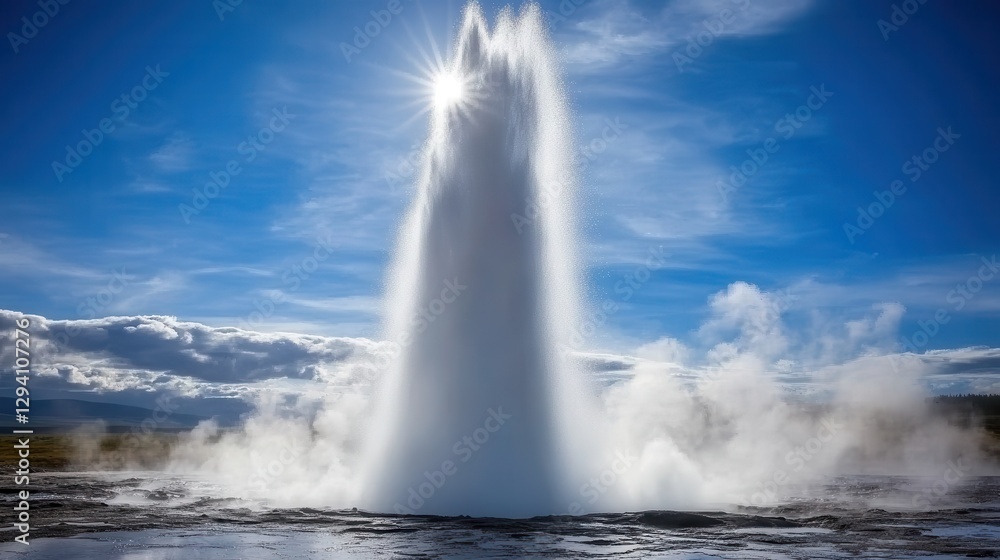 Majestic Geyser Erupting Under Clear Blue Sky and Bright Sunlight Majestic Geyser Erupting Under Clear Blue Sky and Bright Sunlight