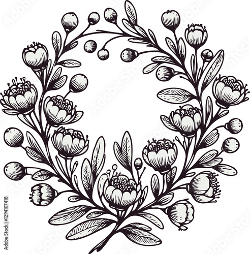 PNG Hand drawn botanical illustration vintage floral wreath of wild flowers, engraved black and white frame, set of decorative elements of plants, blossom pattern, blooming sketch Collection leaf 