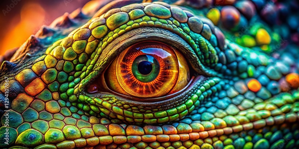Fototapeta premium Close-up Reptile Eye Double Exposure: Bright Camouflage Pattern Stock Photo