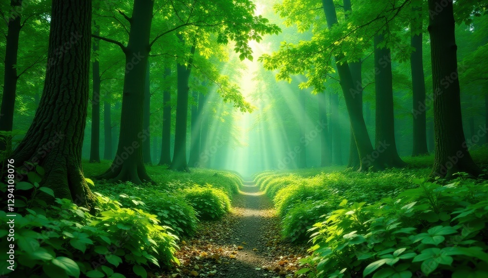 Fototapeta premium Dense forest, emerald canopy overhead, sunlight dappling ground, ecosystem, vibrant, rural