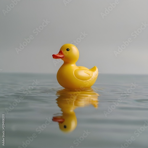 Bright yellow rubber duck floating calmly on a reflective water surface  capturing playfulness simplicity and nostalgic childhood vibes in a minimalist setting.