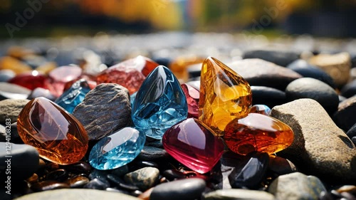 Colorful gemstones. Natural minerals. Multicolored shiny stones close-up.
