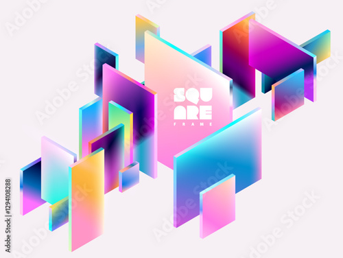 Abstract geometric background of  3D colorful  squares and rectangles. Composition of glass Isometric shape.