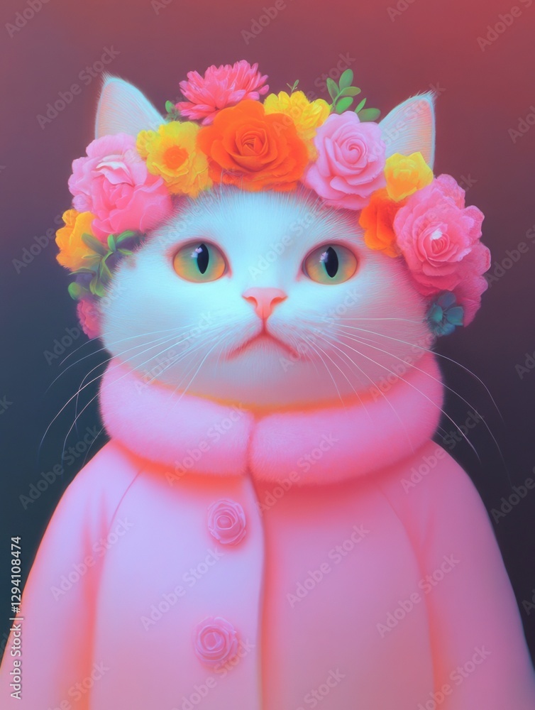 Obraz premium An enchanting portrait of a cat wearing a floral crown and stylish coat, embodying the essence of elegance and charm, inviting admiration and awe.