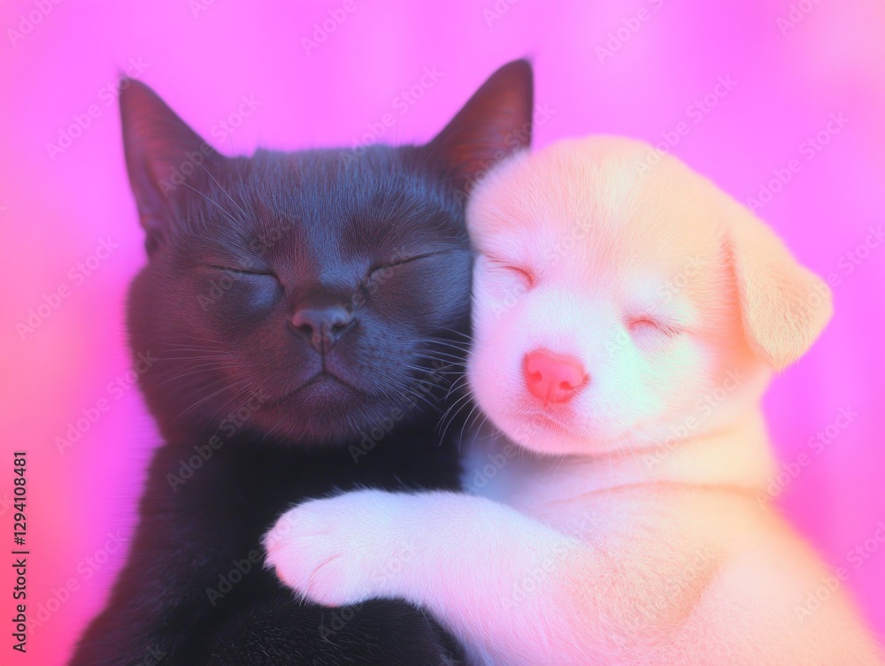 A heartwarming image of a cat and puppy cuddling closely, representing the bond between pets that evokes feelings of love, comfort, and friendship. A heartwarming image of a cat and puppy cuddling closely, representing the bond between pets that evokes feelings of love, comfort, and friendship.