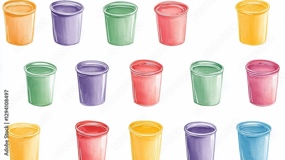 Colorful plastic cups arranged in rows on white background. Colorful plastic cups arranged in rows on white background.