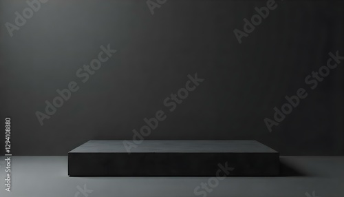 Una fotografía de estudio minimalista presenta una plataforma negra rectangular sobre un fondo gris oscuro