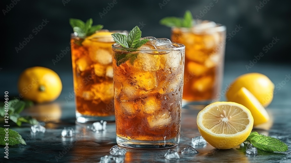 Iced tea with lemon and mint on dark background (1) Iced tea with lemon and mint on dark background (1)
