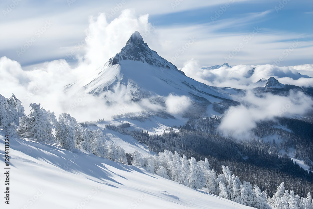 Obraz premium A snow-covered mountain peak with clouds swirling around it.