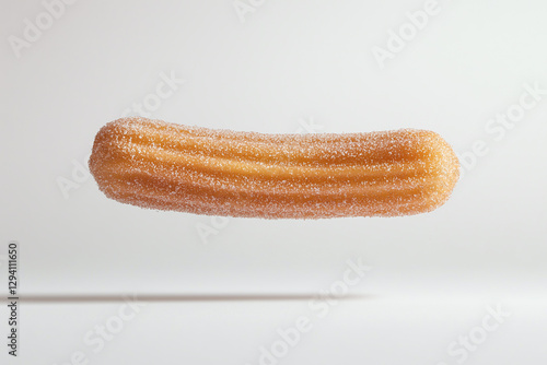close up of floating churro piece dusted with sugar, showcasing its golden brown texture and unique shape. This delightful treat evokes sense of indulgence and sweetness