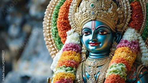 Hindu God Lord Krishna statue surrounded by traditional garlands. Hindu Puja. Vishu festival celebration. Ugadi, Gudi Padwa, Diwali or Krishna Janmashtami.