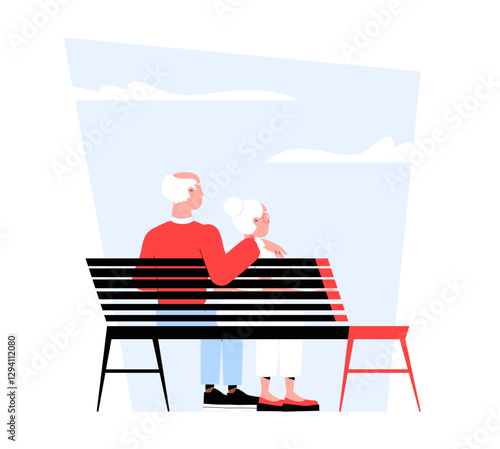 Elderly Couple Sitting On A Park Bench In Flat Vector Illustration Symbolizing Love, Companionship, And Aging Together, Isolated On White Background