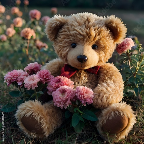 Adorable brown teddy bear with a red bow tie sitting among blooming pink roses in a picturesque garden radiating warmth  love and childhood nostalgia.
