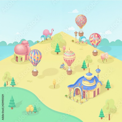 Pastel Whimsical Landscape With Hot Air Balloons Representing Fantasy