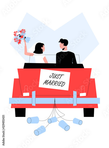 Just Married Couple Driving Away In Wedding Car In Flat Vector Illustration Symbolizing Marriage, Celebration, And Newlyweds Journey, Isolated On White Background