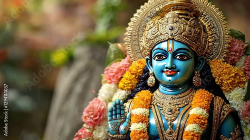 Hindu God Lord Krishna statue surrounded by traditional garlands. Hindu Puja. Vishu festival celebration. Ugadi, Gudi Padwa, Diwali or Krishna Janmashtami.