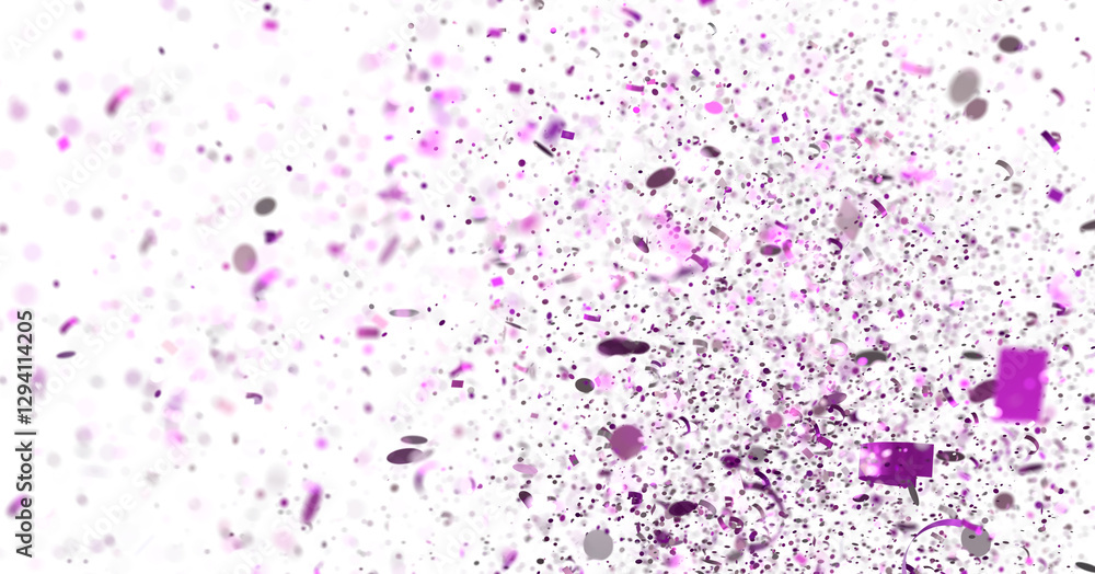 Obraz premium Floating purple confetti on white. Festive, celebratory background. Ideal for party invites, celebrations.