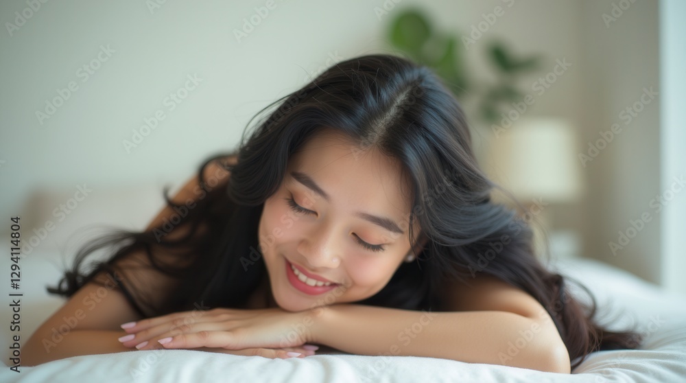 Peaceful Asian young woman relaxing on bed at home Peaceful Asian young woman relaxing on bed at home