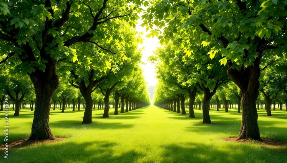 Naklejka premium Lush green orchard, sunlit tree-lined path, vibrant grass, symmetrical rows of trees, golden hour lighting